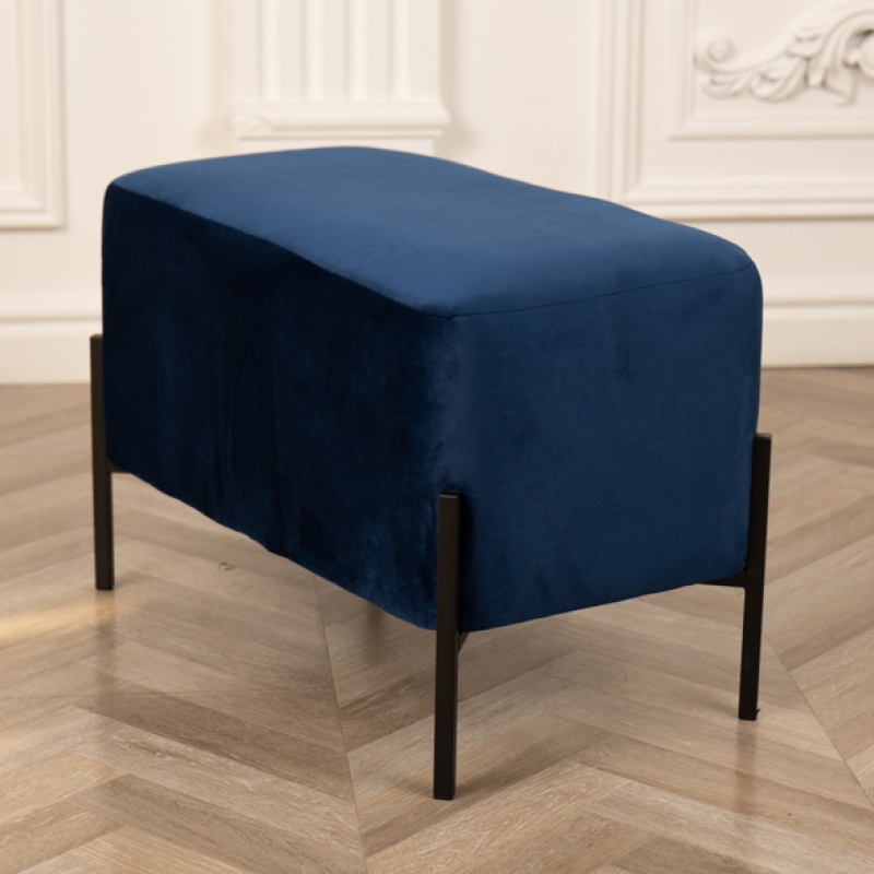 Фото Довгий пуф м’який велюр 63x34x42 см з металевими ніжками синій, сидіння для дому і передпокою