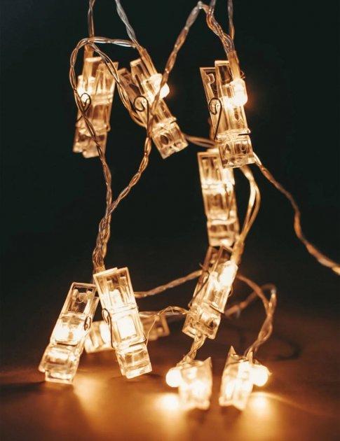 Фото 3 Светодиодная гирлянда с прищепками для фото длина 4м 20 led Warm White на батарейках