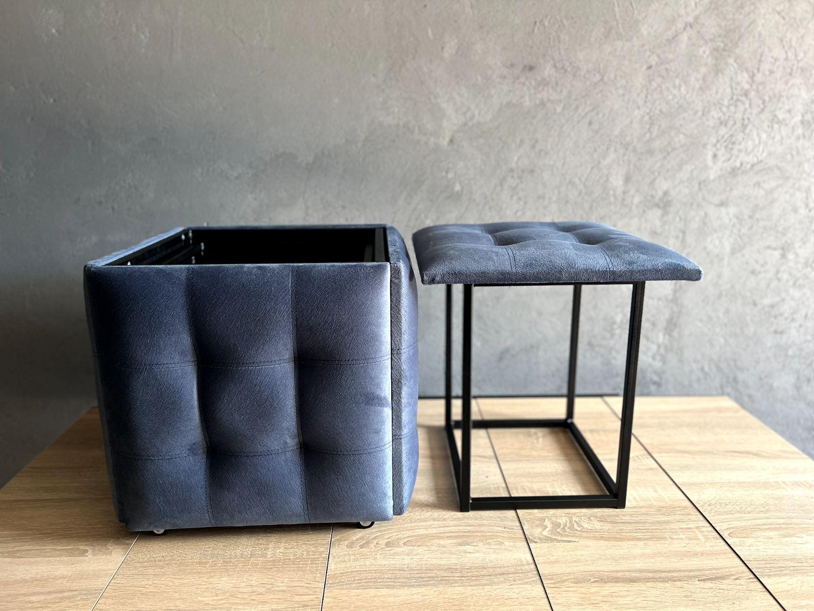 Пуф 5 в 1 трансформер прошитий, розкладний табурет велюр синього кольору